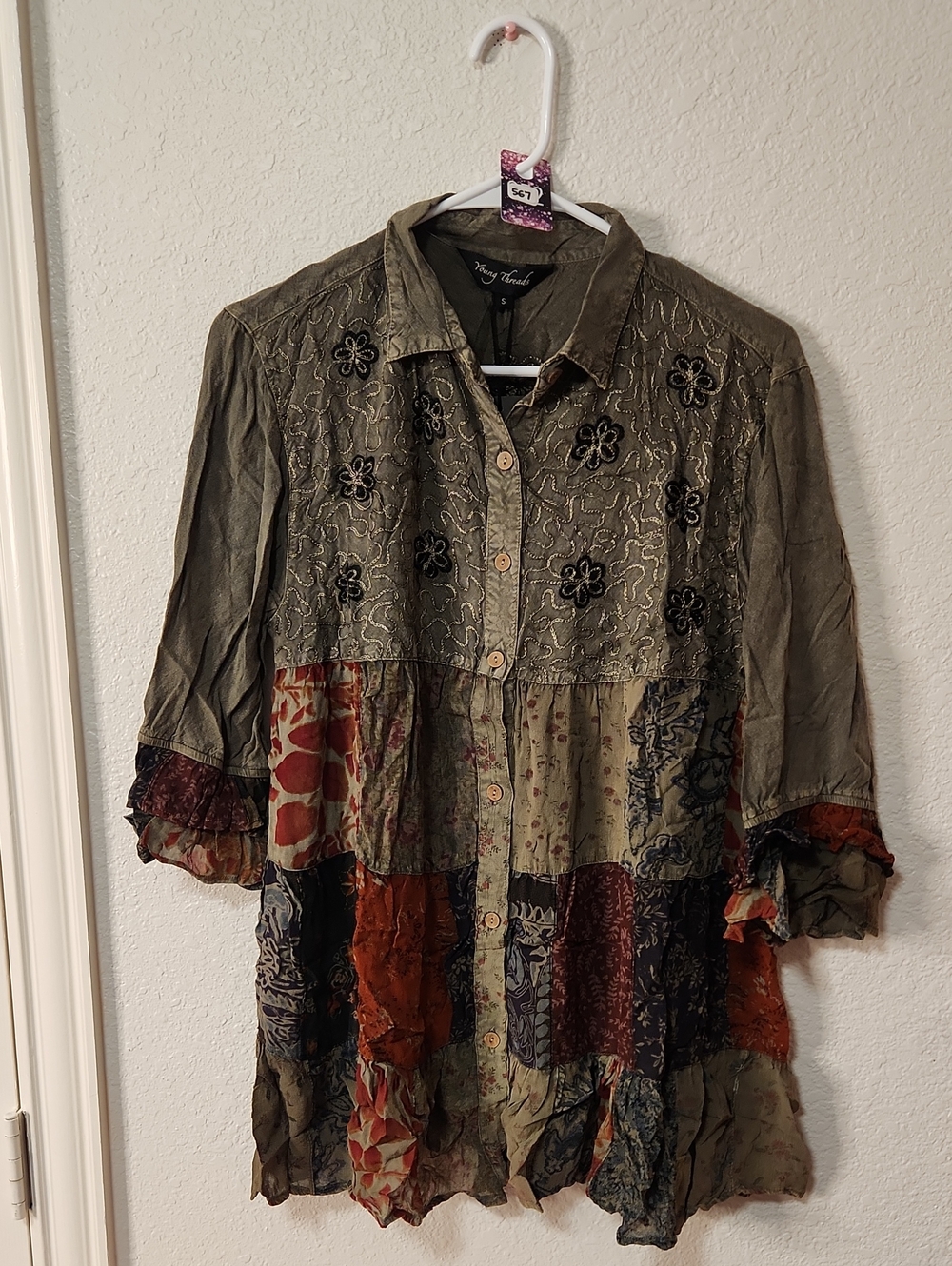 567.Bohemian Patchwork Ruffle Button-Front Top - Picture 2 of 6